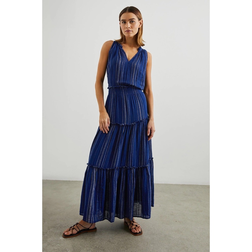 Rails Womens L LouLou Linen Blend Maxi Dress Navy Noja Stripe Ruffle Smocked